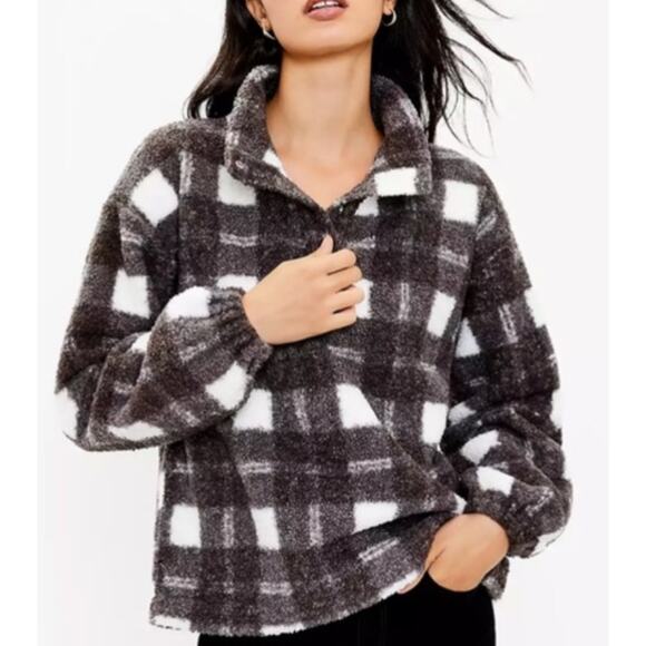 Vinatge Loft Women Snap 1/4 Button Collar Sherpa Sweater Black/White Size M NWOT - Picture 2 of 11